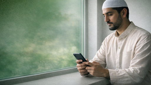 Muslim man using a smartphone by a window in soft natural light.
